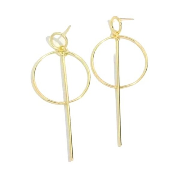 Gold Geometric Dangle Earrings With‎ Circle & Bar Design NEW - Picture 2 of 3